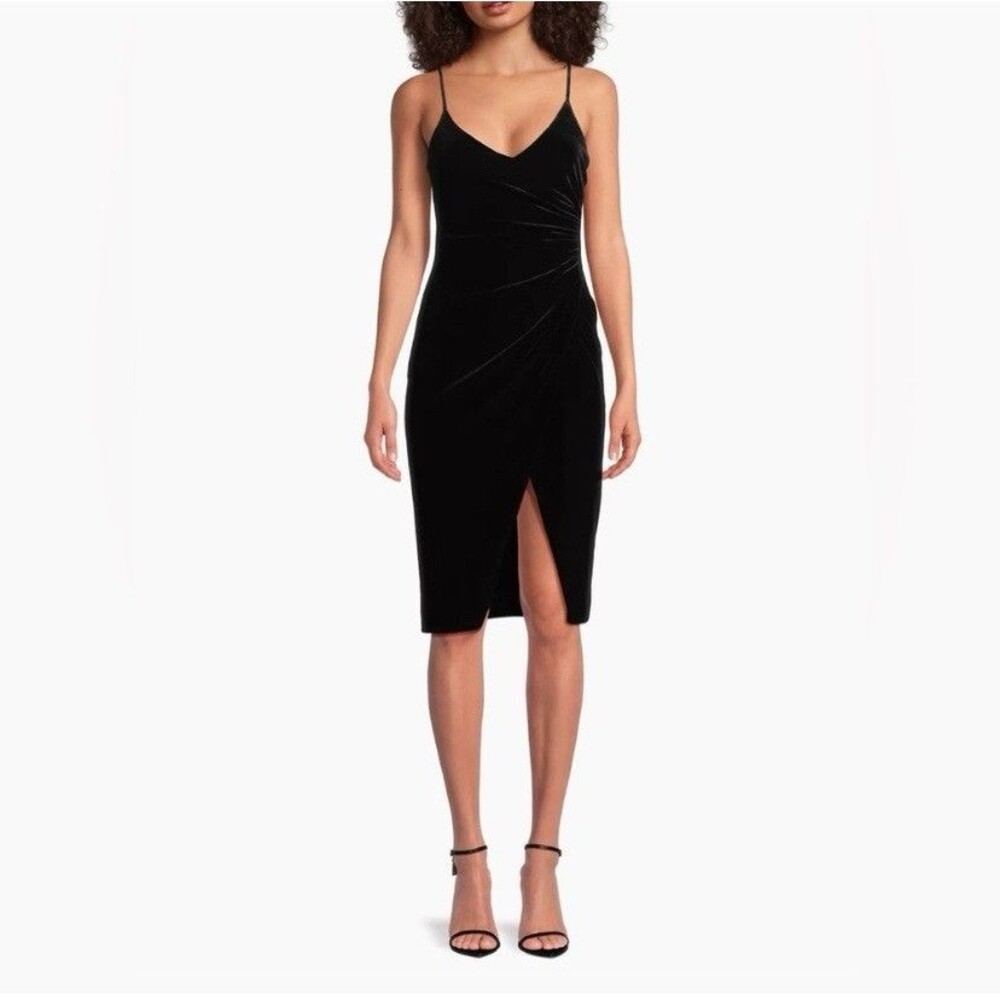 Black Halo Bowery Sheath Velvet Mini Dress 10 Black Spaghetti Strap Slit